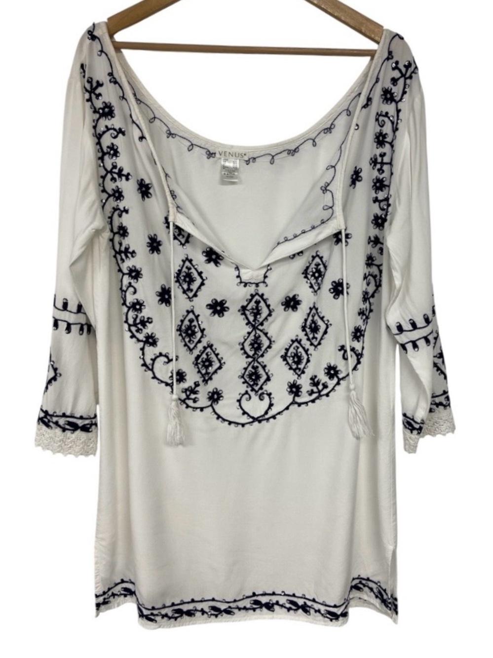 Venus White Embroidered Boho Peasant Cottagecore Resort Festival Blouse Size S/M